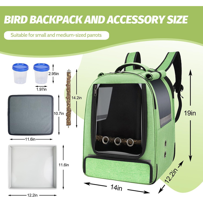 Рюкзак-переноска для птахів Vogel-Rucksack з лотком, жердиною та годівницею, водонепроникний, для папуг та середніх птахів (зелений)