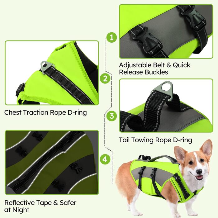 Жилет рятувальний для собак CITEKOILE з ручкою та світловідбиваючими елементами, регульований, для малих, середніх та великих собак, для водних видів спорту, плавання та катання на човні, (S, Зелений)