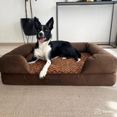 Ортопедичне собаче ліжко для великих собак, водонепроникне, знімний та миючий чохол, віскоеластична піна, заспокійливий плюш, піднятий борт, 90x65x23 см, коричневе