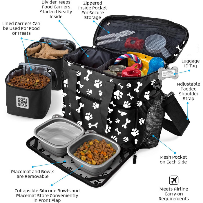 Подорожня сумка для собак Mobile Dog Gear Week Away для середніх та великих собак, 2 контейнери для корму та 2 складні миски, чорно-білий принт з відбитком лап