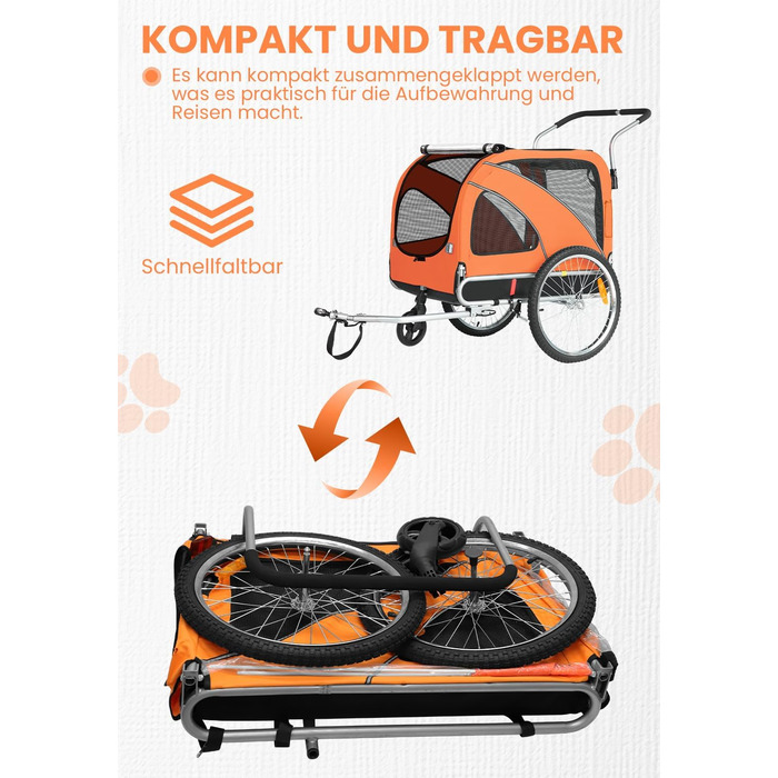 SEPNINE® Причіп для собак XL 2-в-1, велосипедний та візок для собак до 40 кг, складний з гальмами та з'єднувачем для середніх та великих собак - Синій (Помаранчевий)