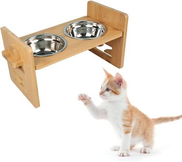 Підвищений годівниця для собак та котів 2-в-1, 4 регульовані висоти, антиковзкий стійкий підставка з нержавіючою чашею, підходить для всіх порід (бамбук)