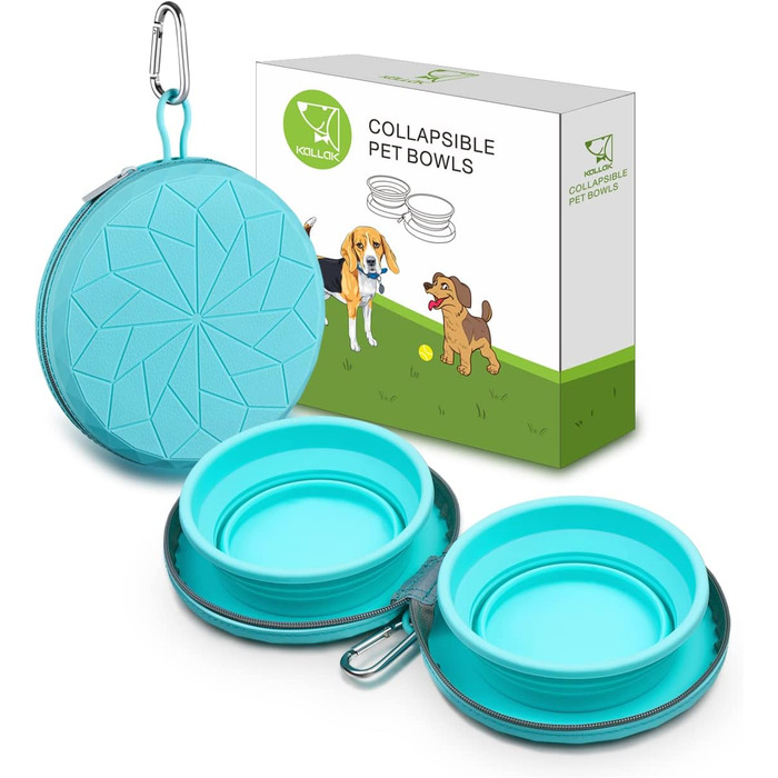 Складні миски для собак KALLAK з силікону (2 шт.) з кейсом для подорожей - для води та корму, нековзні, розкладні, для маленьких та великих собак