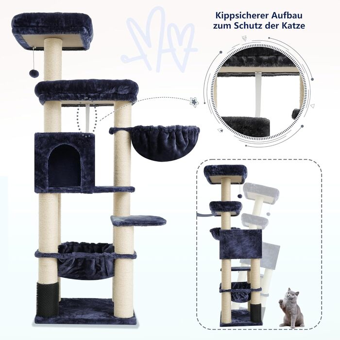 Кігтеточка XXL для мейн-куна, 168 см, з гамаком, сизаловим стовпом (φ11 см), коморою, корзиною, 2 платформами, EMPJ01M (димно-сірий)