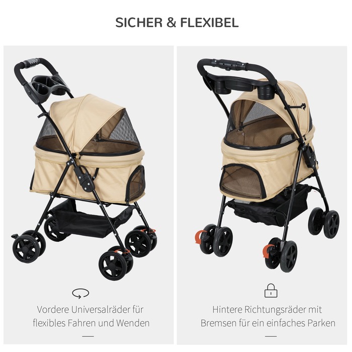 PawHut Dog Cart Dog Buggy Folding Function Коляска для маленьких собак Кішки Візок для домашніх тварин Oxford Khaki 67x45x96см
