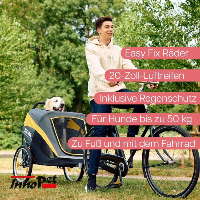 Візок для собак Innopet Hercules 2-в-1 (також велосипедний причіп) жовто-сірий - до 50 кг, з перетворювачем та дощовим покривом, внутрішні повідки, повітряні колеса 45 см