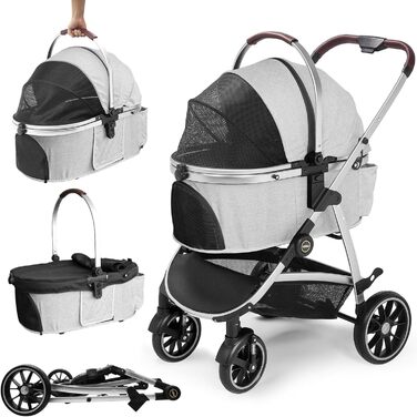 Візок для собак DAISTERN, складаний, до 25 кг, сірий. Легкий алюмінієвий каркас, поворотне EVA-колесо з амортизатором та гальмом, 4-в-1 для прогулянок, міста та ветеринара.