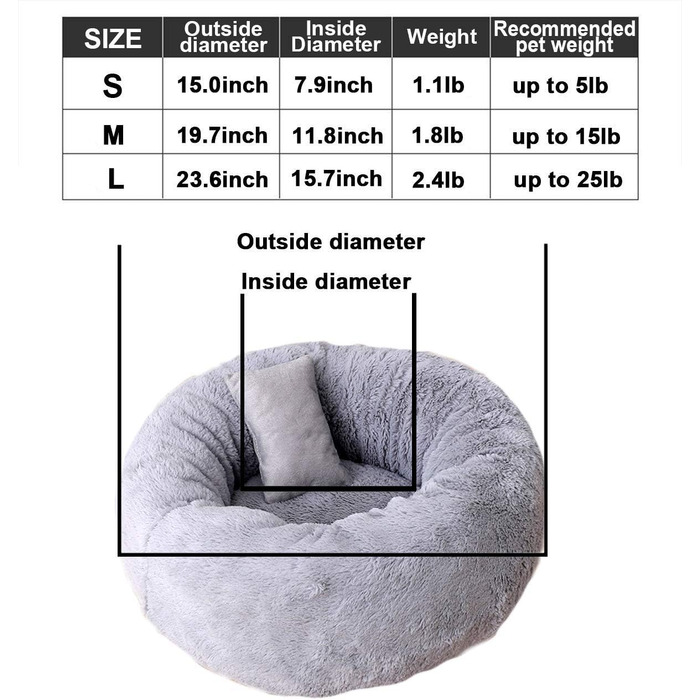 Кругле ліжко-доннат для собак малого та середнього розміру, м'яке та тепле, з плюшу, 60*60*22 см, біле