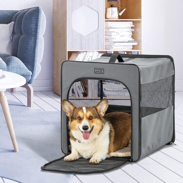 Складана переноска для собак Petsfit з плюшевим матрацом 3 см, портативний контейнер для середніх собак, для подорожей, сірий, розмір M 61x46x53.5 см