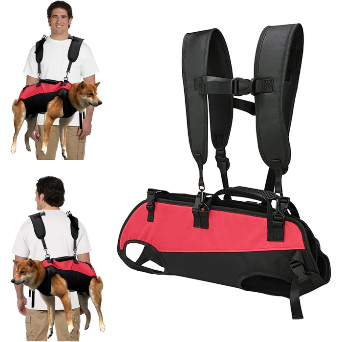 PETCUTE Рюкзак-переноска для собак, жилет-рюкзак для великих собак, повний жилет з ручкою, регульований рюкзак для собак з артритом, старих собак, з проблемами суглобів, чорний+червоний, 7.5-15 кг