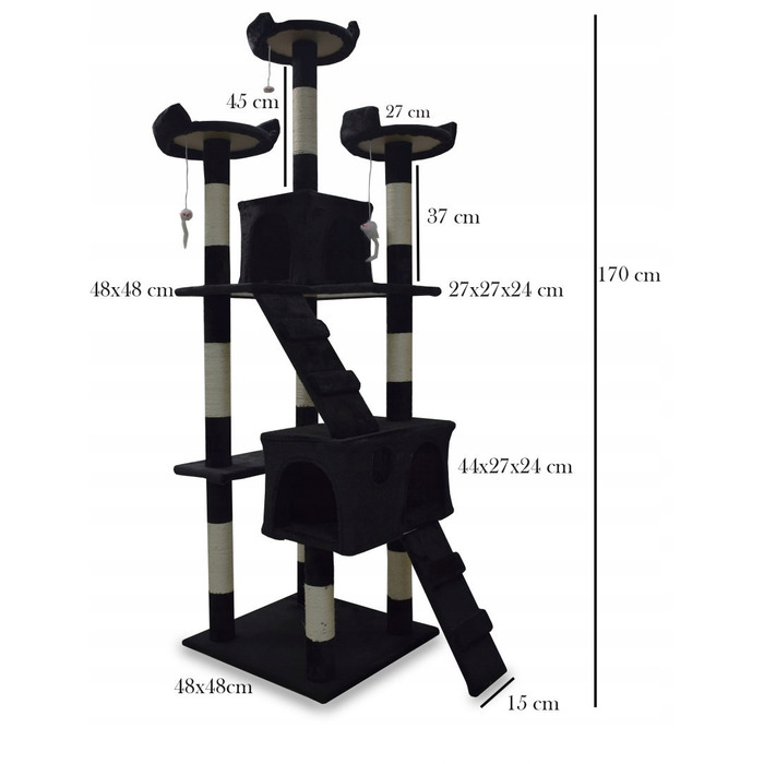 Високий когтеточка-комплекс Animel, чорний, 170 см, 7 рівнів, сизаль