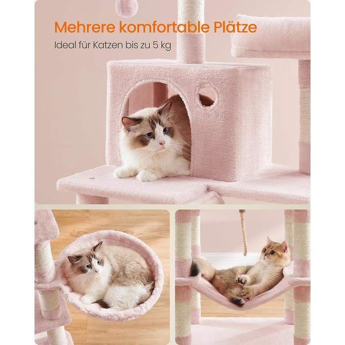 Когтеточка для котів Feandrea, 168 см, велика, з 13 когтеточковими стовпами, 2 платформами, 2 будиночками, гамаком, м'ячиками, PCT165W01, пастельно-рожевий