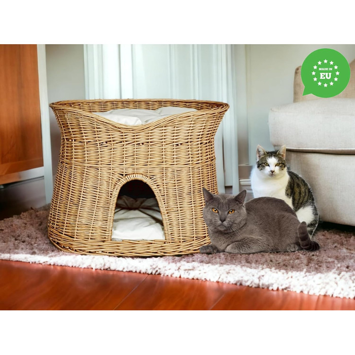 Кошик для котів для сну, котяча хата з лози, двоповерхове ліжко для котів і собак 60 см з м'якою подушкою, натуральний колір