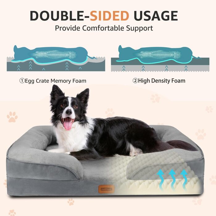 Ортопедичне ліжко для собак Nobleza, середній розмір, 71x58x17 см, з піною з пам'яті, сіре, для маленьких і середніх собак, миється, вологостійке, неслизьке, з високим бортиком