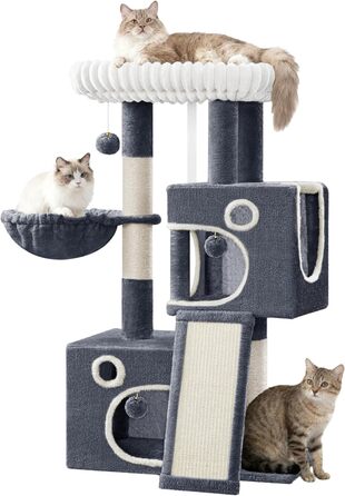 Дерево для котів Hzuaneri, 98 см: стійка конструкція, велика платформа, іграшкові м'ячики, печери, стовпчики для дряпання, дощечка для дряпання, темно-сірий MS10118SG