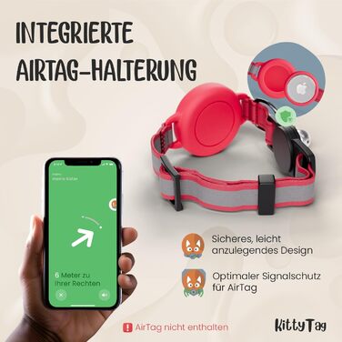 Нашийник для кота KittyTag з аксесуарами, сумісний з Apple Airtag, світловідбиваючий та світловий, GPS, з захистом від задушення, регульований (червоний)