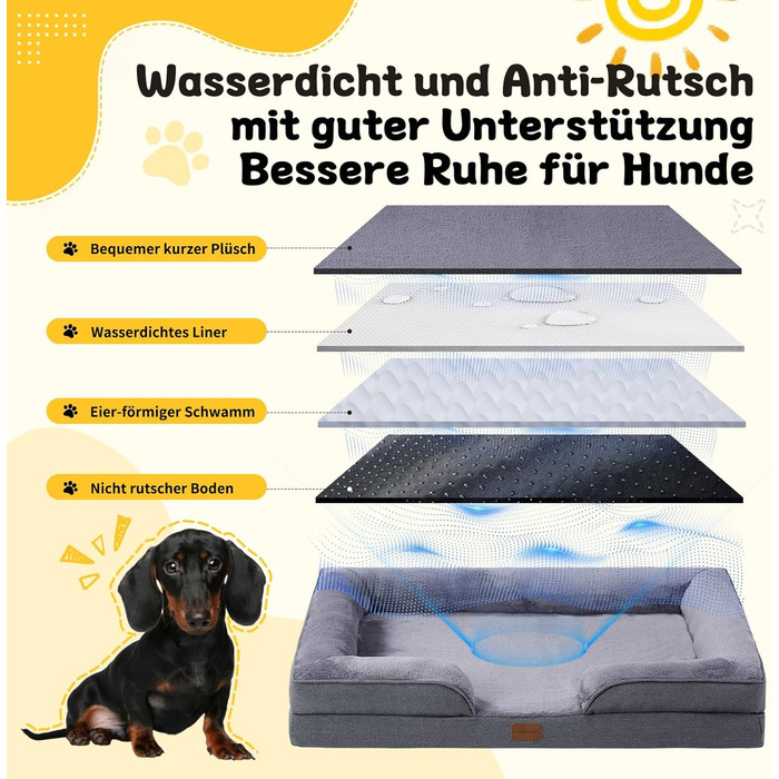 Ортопедичне ліжко для собак середніх та великих порід 109x84x21 см, високощільна піна з високим пружним ефектом, знімний водонепроникний чохол, зручне та антиковзаюче, темно-сірий колір