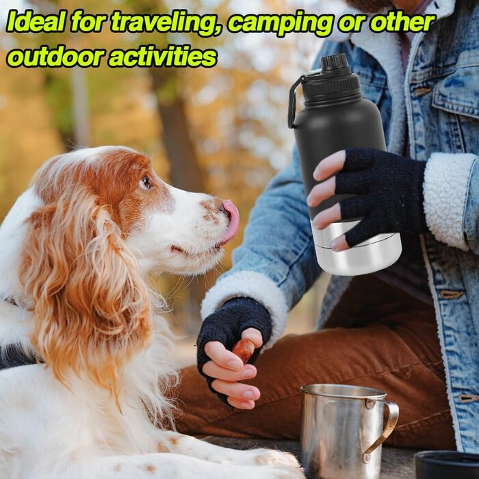 Водяна пляшка для собак на ходу, 950 мл, з мискою для їжі та води, ізольована, нержавіюча сталь, чорна