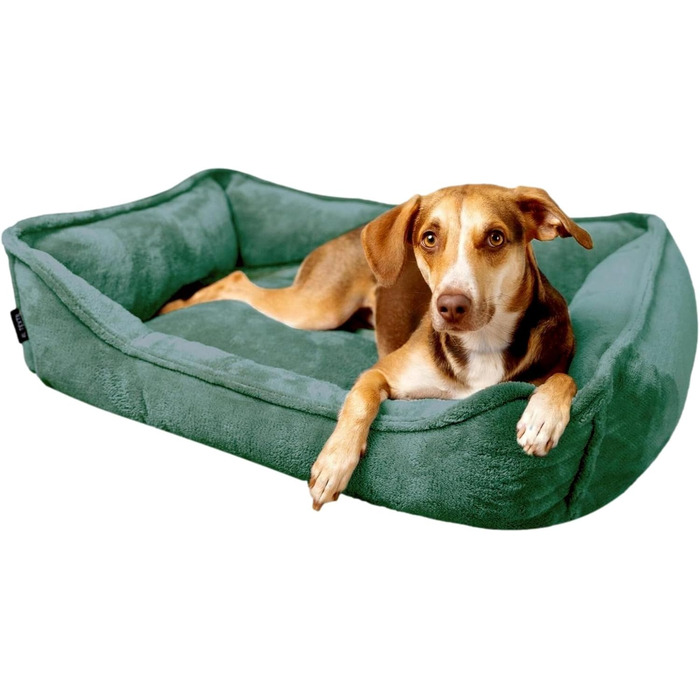 Ортопедичне ліжко для собак 4L Textil IRIS Premium-LINE, корзина для собак, м'яке ліжко з піною Memory Foam (80x60 см, L 60 x B 40 x H 15 см, зелений, знімний чохол)