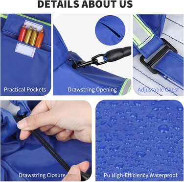 Дощовик для собак PETCUTE з капюшоном, непромокальний, з світловідбиваючими смугами, з отвором для страхувального ременя, для малих, середніх та великих собак (4XL, Темно-синій)