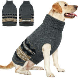 Вовняний пуловер з коміром-хомутом для собак на зиму, теплий візерунок Fair-Isle, сірий, розмір XXL (XX-Large)