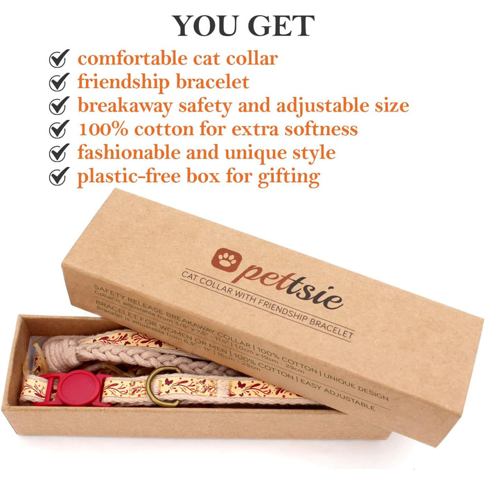 Набір ошийник та браслет для котів Pettsie, безпечний дизайн, бавовна, регульований розмір 19-29 см (12,7-20,3 см), червоний