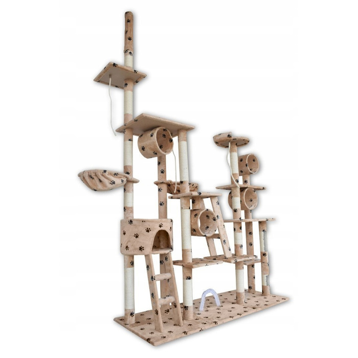 Величезний ігровий комплекс для котів XXL (255 см) — Дряпалка-вежа з гамаком, тунелем та будиночком, бежевий