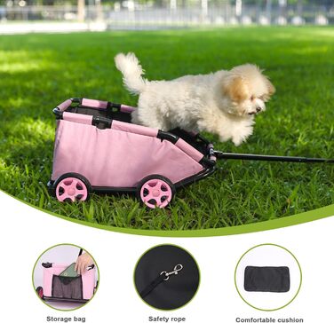 Міні-візок для маленьких тварин, складний багатофункціональний візок для покупок з висувною ручкою, для прогулянок на вулиці, з вбудованим матрацом та страхувальним тросом, з кишенькою для зберігання (Рожевий)