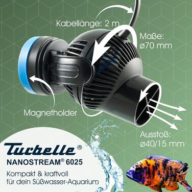 Пропелерна циркуляційна помпа TUNZE Turbelle nanostream 6025, 2800 л/год, з магнітним тримачем та Silence-кліпсою для скла до 15 мм, для прісноводного акваріума