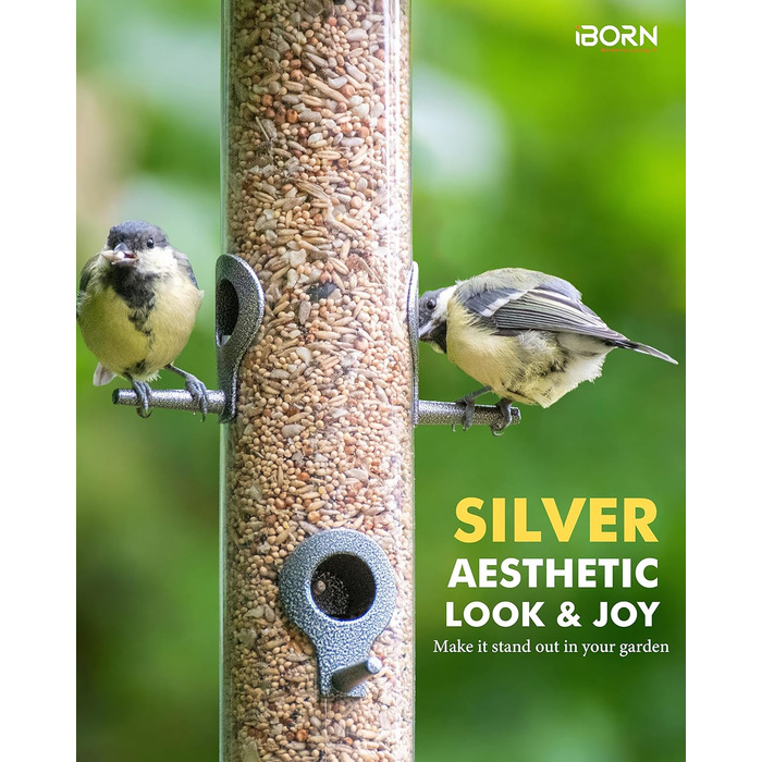 Годівниця для птахів iBorn, металева годівниця для підгодовування з 6 місцями для підльоту, 38 см, срібна