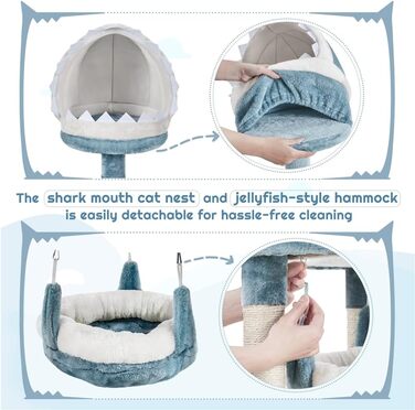 Дерев'яний будиночок для котів Yaheetech Meer Katzenbaum 155 см, когтеточка, блакитно-білий, з гамаком та платформою