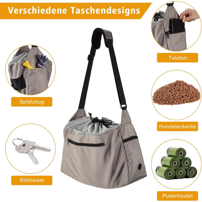 Сумка-переноска для собак Ownpets, сіра, до 6 кг, з регульованим ременем та кишенями, 42x25x14 см