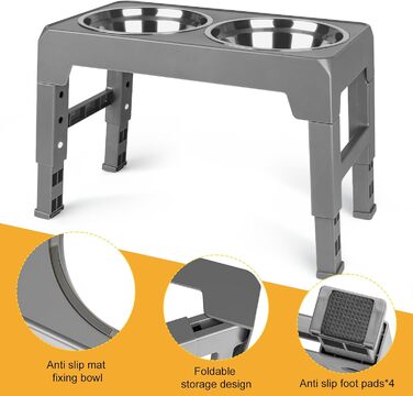 Підвищений годівниця для собак та котів, 2-в-1, 4 регульовані висоти, підставка Anti-Slip з нержавіючою чашею, сірий, 44 x 24 x 8 см