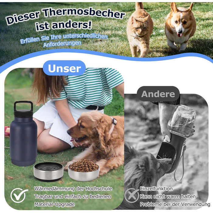 Фляга для собак на прогулянку 1000мл 3-в-1 з мисками для води та корму, ізольована сталева фляга для собак, темно-синій, 7 дюймів