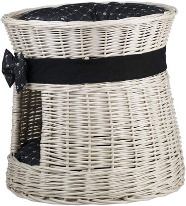Кругла котяча хатинка e-wicker24 з плетеної лози, двоярусна, з подушкою та стрічкою, котячий оазис (кремовий/чорний)