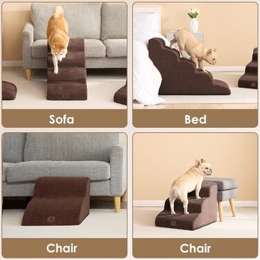 Сходинки для собак EHEYCIGA – 50 см, для маленьких собак, на диван/ліжко, з високощільним губчастим матеріалом, знімний та миючий чохол, протиковзне покриття, 4 сходинки, сірий колір (40 x 50 x 30 см, коричневий)