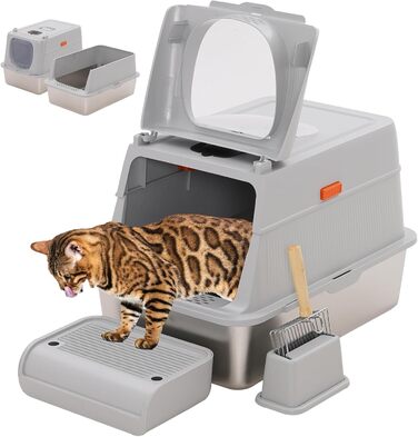 Набір для котячого туалету Yosamy Katzentoilette Edelstahl XXL, 60x40 см, з лотком, педалем та совком, легко миється, сірий