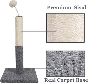 Дімáкa 66.0 см Кігтеточка для котів з сизалю, сіра, з м'ячиком на шнурку