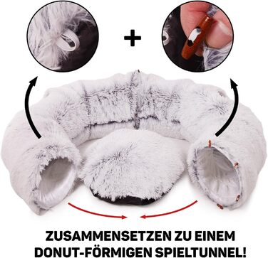 CanadianCat Company | Преміум тунель для котів Otis, сірий, м'який хутряний вкладиш, XXL, 2-в-1 тунель-донат для великих котів з пухнастою подушкою