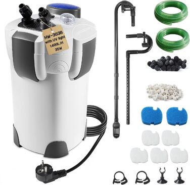 EXLECO Зовнішній фільтр для акваріума з УФ-лампою 1400 л/год 35 Вт - фільтр для акваріумів до 300 л, регульований, потужний 3-ступеневий каністровий фільтр з фільтрувальним матеріалом, шланг HW-302B з УФ-лампою/1400 л/год/2.0 м/35 Вт
