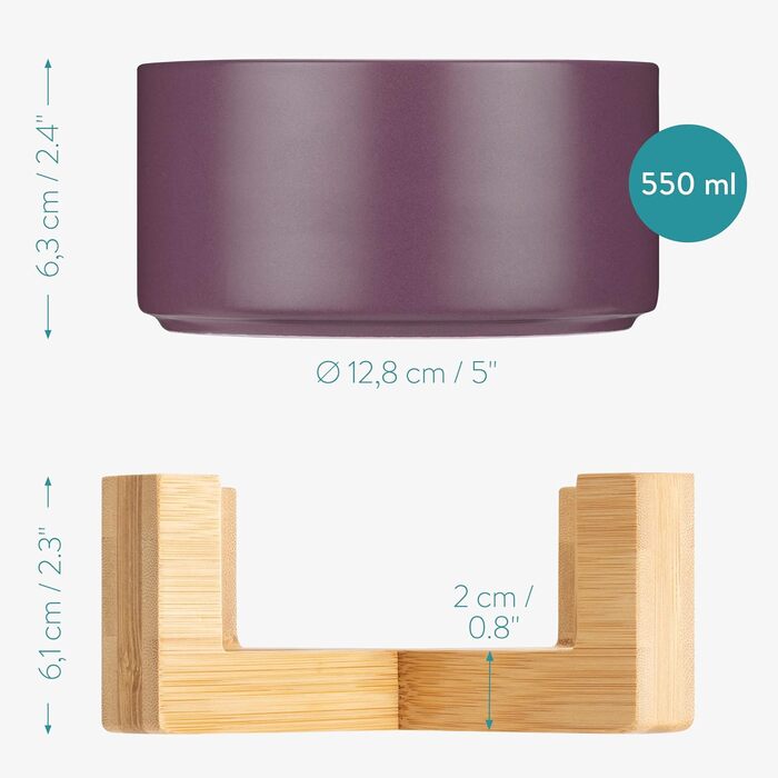 Набір мисок для котів та собак Navaris з підставкою Babus - 2 миски з кераміки, фіолетовий матовий (S)