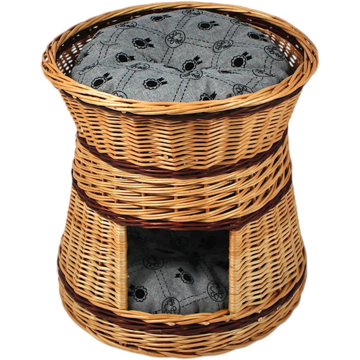 Кігтеточка-лежанка для котів та собак, діаметр 47 см, з натуральної плетінки, двоярусна, з подушкою сірого кольору 47x47x45 см