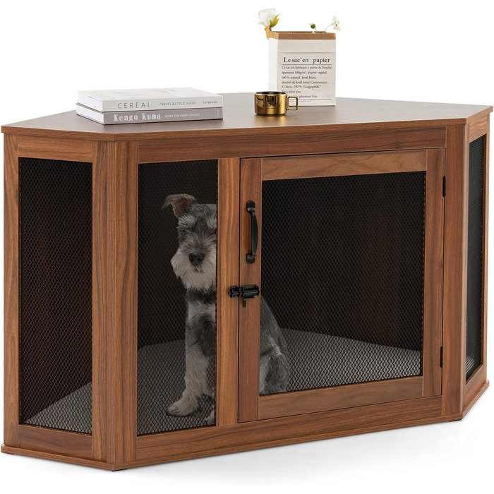 Клітка для собак COSTWAY XXL, кутова, з замком, подушкою, металевий каркас, 114 x 60 x 68 см