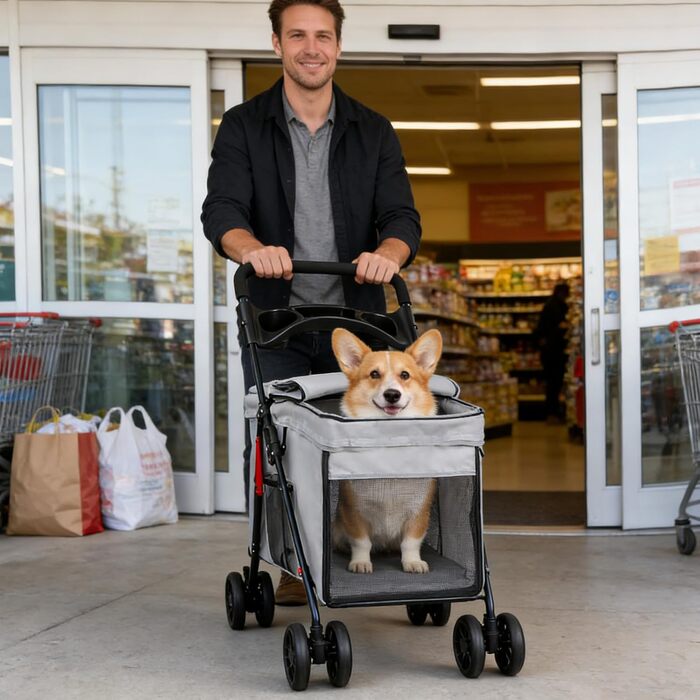 Дитяча коляска для собак та котів Homewell, сіра, складана, до 20 кг, з сіткою, ременями та тримачем для напоїв