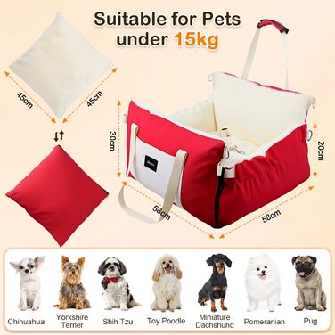 Автокрісло для собак 3-в-1 - переносна ліжко для маленьких собак, з розширеною лежачою поверхнею та м'яким матрацом, для переднього або заднього сидіння, внутрішнє та зовнішнє використання (червоний)