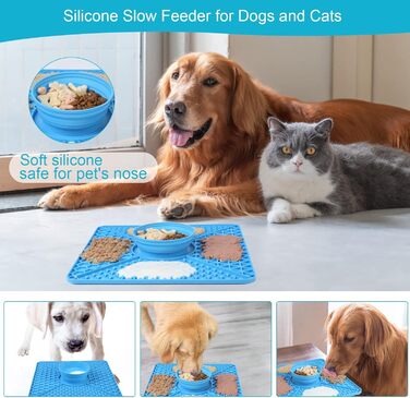 Лежак-лежак для собак VOOWO 2-в-1, миска для повільного годування, миска для їжі та води, силіконовий килимок для собак з присосками, великі та середні породи, блакитний