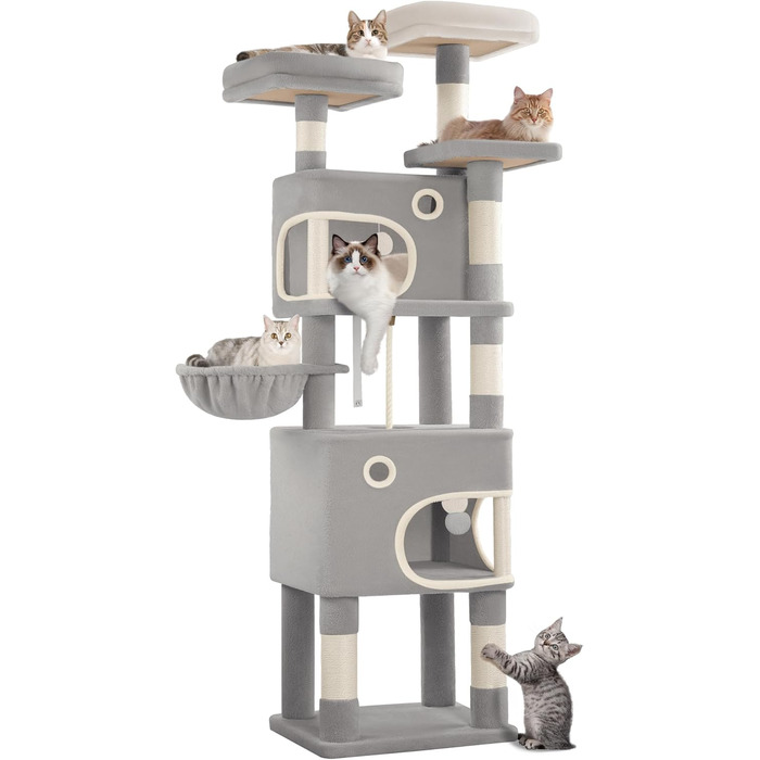 Кігтеточка для котів Hzuaneri, 159 см, з 8 стовпчиками, 3 платформами, 2 ховалами, корзиною, плюшевими кульками, мотузкою з сизалю, підходить для котів різних розмірів, MS15918LG (XL, світло-сірий)
