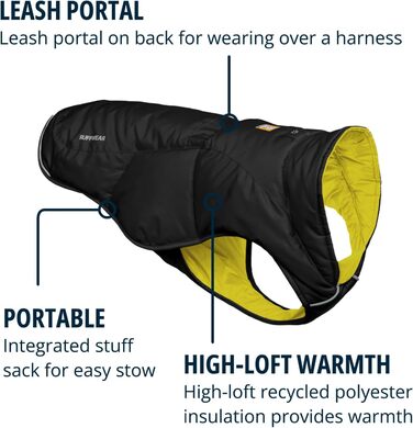 Куртка Ruffwear Quinzee для великих собак, ізольована куртка для собак на всі погодні умови, водовідштовхуюча куртка для собак, легка жилетка для собак та сумка-переноска, розмір L, Obsidianschwarz (Чорний обсидіан)