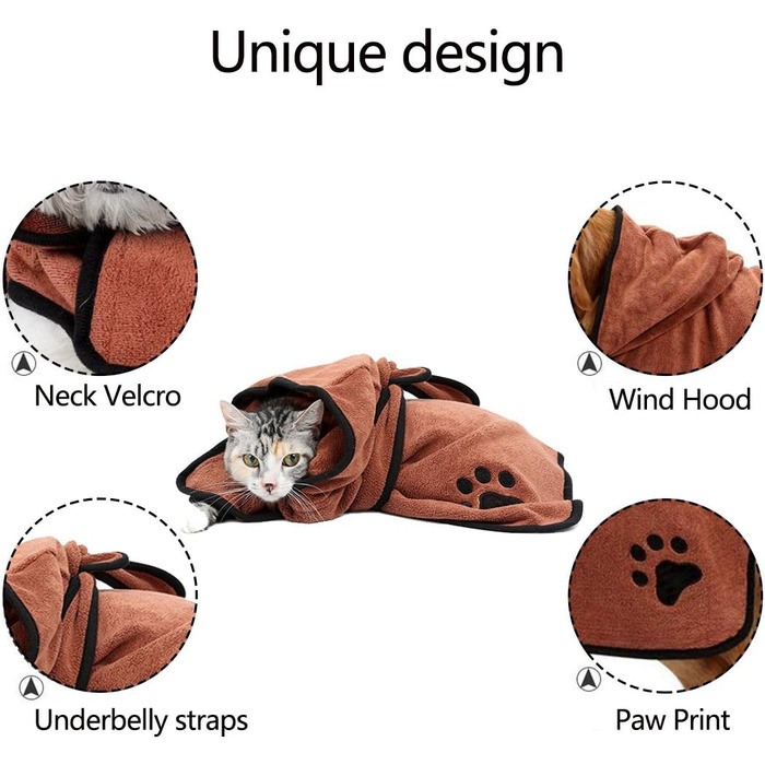 Рушник для собак Petcute, мікрофібра, швидко сохне, вбираючий, комфортний, з регульованими лямками, для собак та котів (M, Cappuccino)