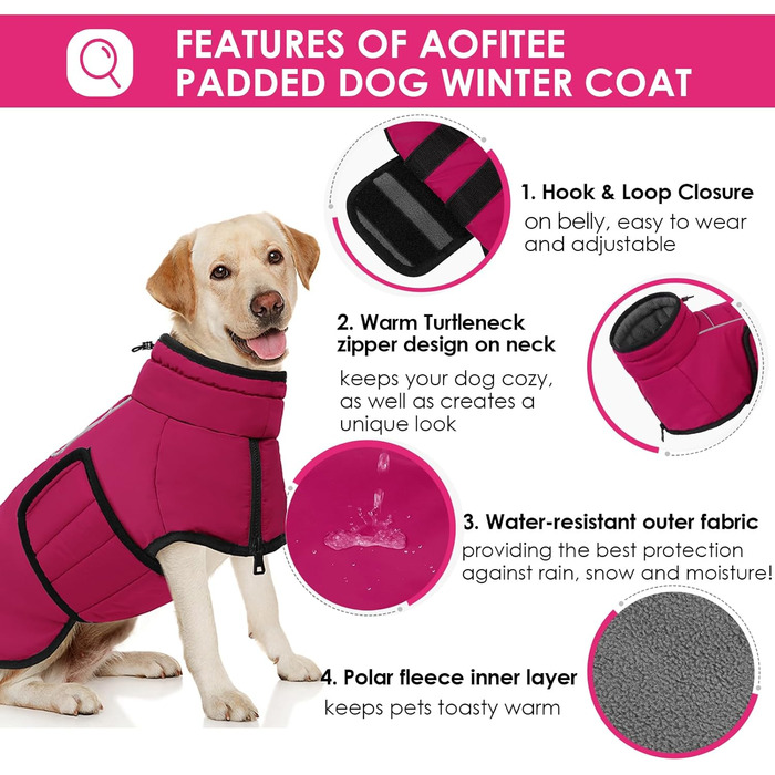 Теплий зимовий пуховик для собак великих порід AOFITEE, водонепроникний пуховик з коміром-гетром, з отвором для шлейки, рожевий (XL)